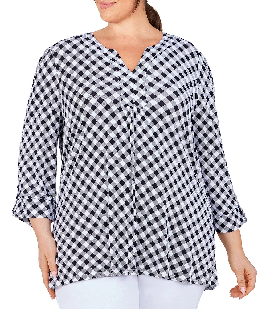 Ruby Rd. Plus Size Knit 3/4 Roll-Tab Sleeve Checked Print Pleat Split Round Neck Top