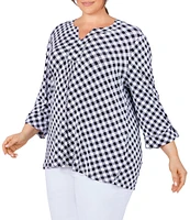 Ruby Rd. Plus Size Knit 3/4 Roll-Tab Sleeve Checked Print Pleat Split Round Neck Top