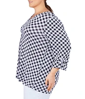 Ruby Rd. Plus Size Knit 3/4 Roll-Tab Sleeve Checked Print Pleat Split Round Neck Top