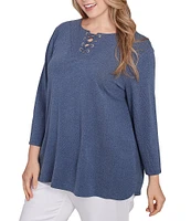 Ruby Rd. Plus Size Knit 3/4 Sleeve Split V-Neck Lacing Rib Top