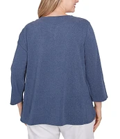 Ruby Rd. Plus Size Knit 3/4 Sleeve Split V-Neck Lacing Rib Top