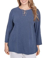 Ruby Rd. Plus Size Knit 3/4 Sleeve Split V-Neck Lacing Rib Top