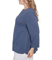 Ruby Rd. Plus Size Knit 3/4 Sleeve Split V-Neck Lacing Rib Top