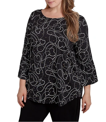 Ruby Rd. Plus Size Knit Abstract Heart Dew Drop Accents Scoop Neck 3/4 Sleeve Top