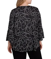 Ruby Rd. Plus Size Knit Abstract Heart Dew Drop Accents Scoop Neck 3/4 Sleeve Top