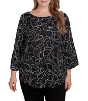 Ruby Rd. Plus Size Knit Abstract Heart Dew Drop Accents Scoop Neck 3/4 Sleeve Top