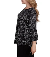 Ruby Rd. Plus Size Knit Abstract Heart Dew Drop Accents Scoop Neck 3/4 Sleeve Top