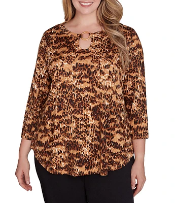 Ruby Rd. Plus Size Knit Animal Print Keyhole Ring Detail 3/4 Sleeve Dew Drop Accent Top