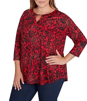 Ruby Rd. Plus Size Knit Batik Scroll Print Keyhole Clasp Accents 3/4 Sleeve Top