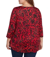 Ruby Rd. Plus Size Knit Batik Scroll Print Keyhole Clasp Accents 3/4 Sleeve Top