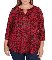 Ruby Rd. Plus Size Knit Batik Scroll Print Keyhole Clasp Accents 3/4 Sleeve Top