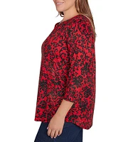 Ruby Rd. Plus Size Knit Batik Scroll Print Keyhole Clasp Accents 3/4 Sleeve Top