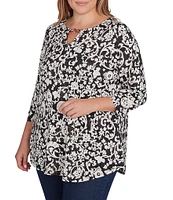 Ruby Rd. Plus Size Knit Batik Scroll Print Keyhole Clasp Accents 3/4 Sleeve Top