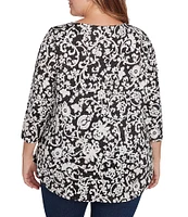 Ruby Rd. Plus Size Knit Batik Scroll Print Keyhole Clasp Accents 3/4 Sleeve Top