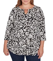 Ruby Rd. Plus Size Knit Batik Scroll Print Keyhole Clasp Accents 3/4 Sleeve Top