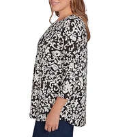 Ruby Rd. Plus Size Knit Batik Scroll Print Keyhole Clasp Accents 3/4 Sleeve Top