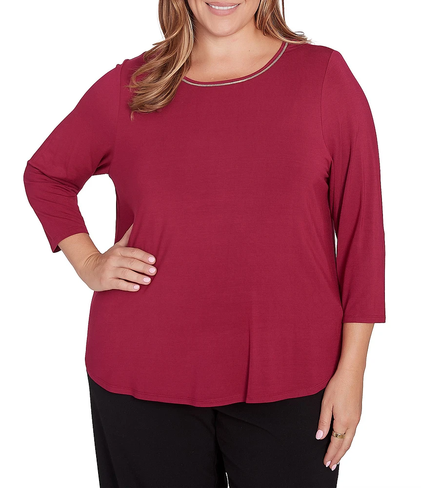 Ruby Rd. Plus Size Knit Beaded Embellished Scoop Neck 3/4 Sleeve Top