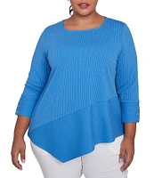 Ruby Rd. Plus Size Knit Cable Stripe Square Neck 3/4 Sleeve Asymmetric Hem Top