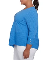 Ruby Rd. Plus Size Knit Cable Stripe Square Neck 3/4 Sleeve Asymmetric Hem Top