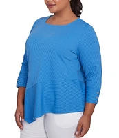 Ruby Rd. Plus Size Knit Cable Stripe Square Neck 3/4 Sleeve Asymmetric Hem Top