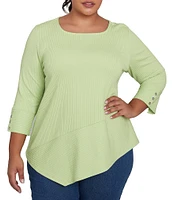 Ruby Rd. Plus Size Knit Cable Stripe Square Neck 3/4 Sleeve Asymmetric Hem Top