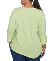 Ruby Rd. Plus Size Knit Cable Stripe Square Neck 3/4 Sleeve Asymmetric Hem Top