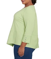 Ruby Rd. Plus Size Knit Cable Stripe Square Neck 3/4 Sleeve Asymmetric Hem Top