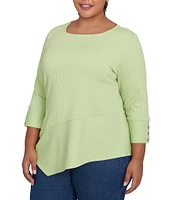 Ruby Rd. Plus Size Knit Cable Stripe Square Neck 3/4 Sleeve Asymmetric Hem Top