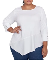 Ruby Rd. Plus Size Knit Cable Stripe Square Neck 3/4 Sleeve Asymmetric Hem Top