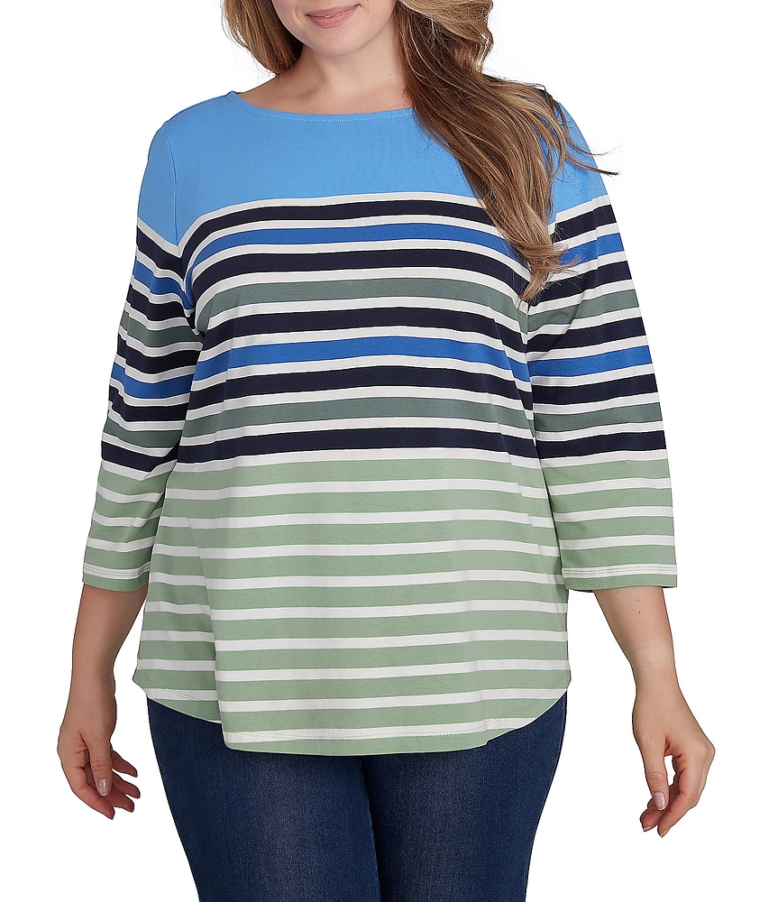 Ruby Rd. Plus Size Knit Chalet Stripe Print Boat Neck 3/4 Sleeve Top