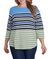 Ruby Rd. Plus Size Knit Chalet Stripe Print Boat Neck 3/4 Sleeve Top