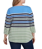 Ruby Rd. Plus Size Knit Chalet Stripe Print Boat Neck 3/4 Sleeve Top