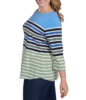 Ruby Rd. Plus Size Knit Chalet Stripe Print Boat Neck 3/4 Sleeve Top