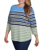 Ruby Rd. Plus Size Knit Chalet Stripe Print Boat Neck 3/4 Sleeve Top