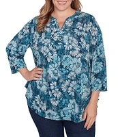 Ruby Rd. Plus Size Knit Embellished Bib Wintery Blues Floral Banded Collar 3/4 Sleeve Top