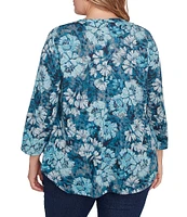 Ruby Rd. Plus Size Knit Embellished Bib Wintery Blues Floral Banded Collar 3/4 Sleeve Top