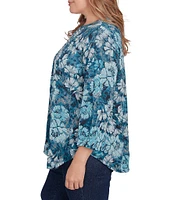 Ruby Rd. Plus Size Knit Embellished Bib Wintery Blues Floral Banded Collar 3/4 Sleeve Top