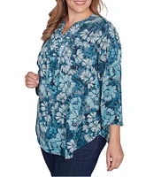 Ruby Rd. Plus Size Knit Embellished Bib Wintery Blues Floral Banded Collar 3/4 Sleeve Top