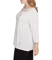 Ruby Rd. Plus Size Knit Embellished Boat Neck 3/4 Sleeve Solid Top