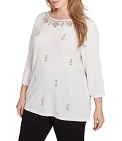 Ruby Rd. Plus Size Knit Embellished Boat Neck 3/4 Sleeve Solid Top