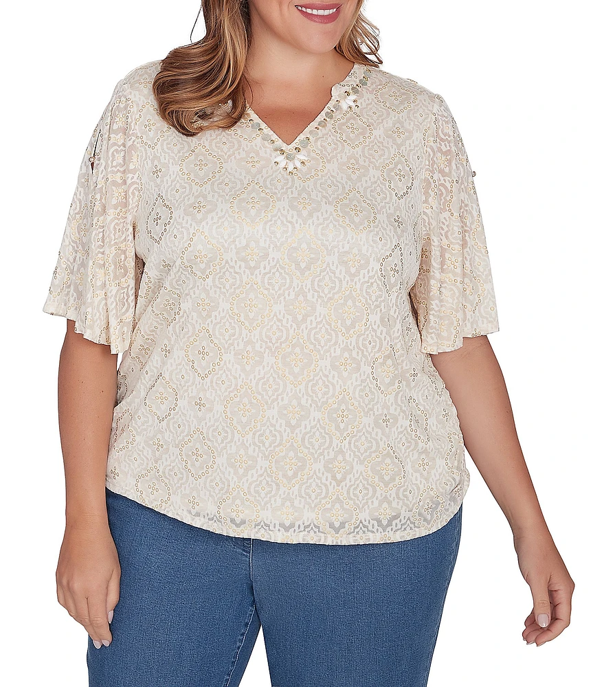 Ruby Rd. Plus Size Knit Embellished Burnout Split V-Neck Elbow Sleeve Foulard Top