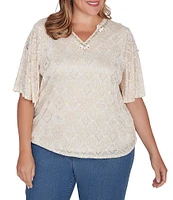 Ruby Rd. Plus Size Knit Embellished Burnout Split V-Neck Elbow Sleeve Foulard Top