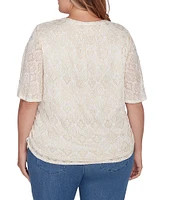 Ruby Rd. Plus Size Knit Embellished Burnout Split V-Neck Elbow Sleeve Foulard Top