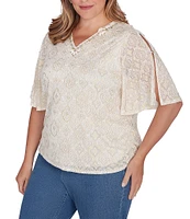 Ruby Rd. Plus Size Knit Embellished Burnout Split V-Neck Elbow Sleeve Foulard Top