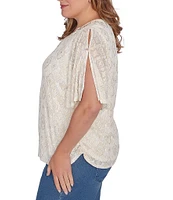 Ruby Rd. Plus Size Knit Embellished Burnout Split V-Neck Elbow Sleeve Foulard Top