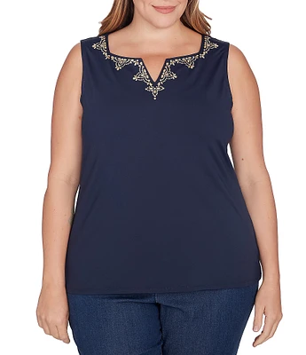 Ruby Rd. Plus Size Knit Embellished Notch V-Neck Sleeveless Tank Top