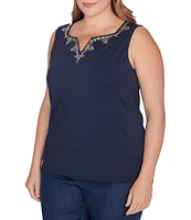 Ruby Rd. Plus Size Knit Embellished Notch V-Neck Sleeveless Tank Top