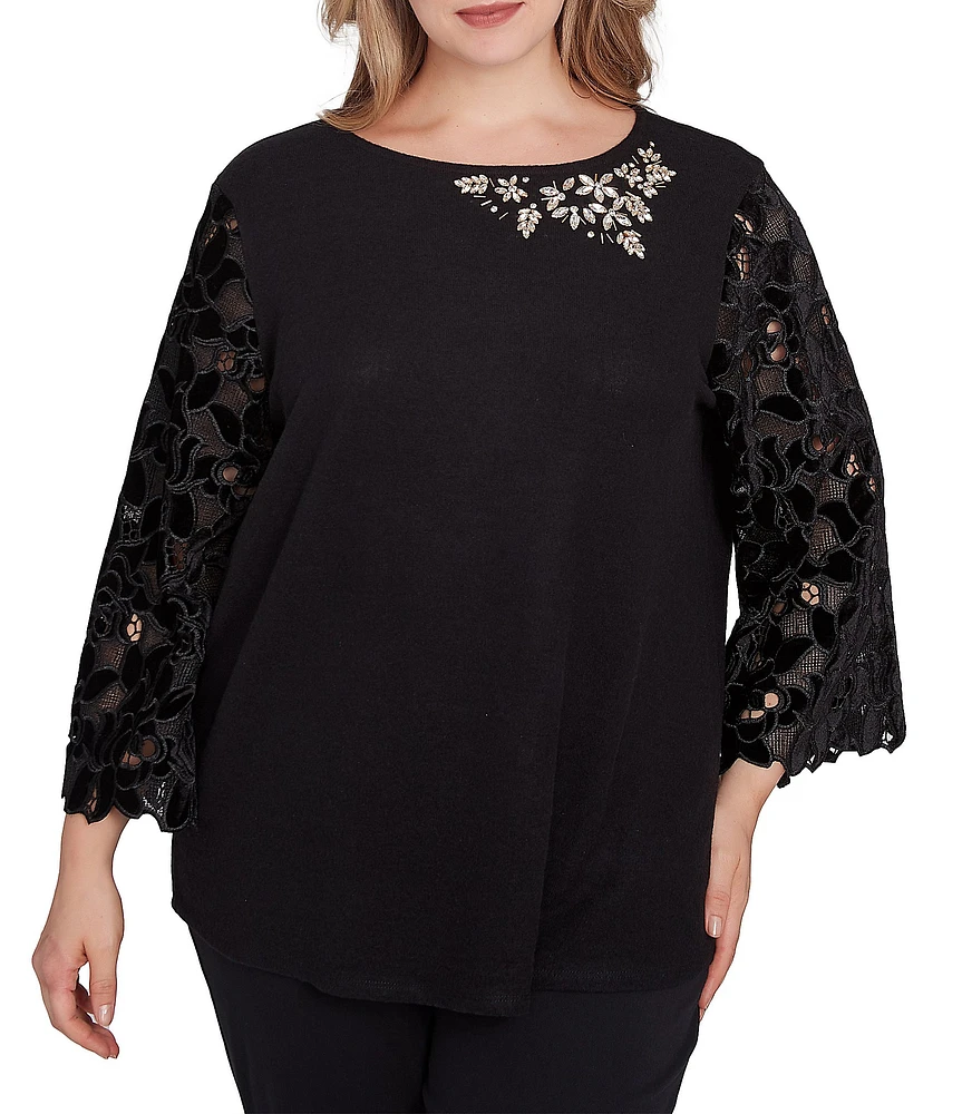 Ruby Rd. Plus Size Knit Embellished Scoop Neck 3/4 Lace Sleeve Top