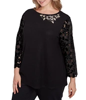 Ruby Rd. Plus Size Knit Embellished Scoop Neck 3/4 Lace Sleeve Top