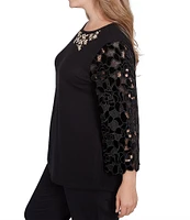 Ruby Rd. Plus Size Knit Embellished Scoop Neck 3/4 Lace Sleeve Top